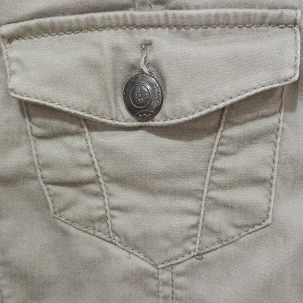 Baccini Taupe Jacket with Ruffle Trim Metal Buttons Ladies Large - Picture 4 of 12